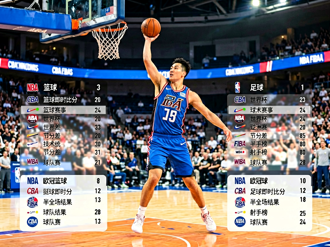 篮球比赛场景，展示NBA及国际篮球赛事的比分与数据统计
