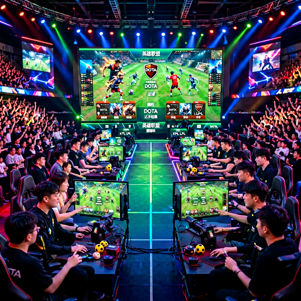 电竞比赛现场，展示英雄联盟、DOTA2等电竞赛事的实时赛果与数据